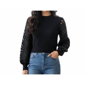 NEW MARIA PAVAN women's sequin braided long sleeve soft sweater in black